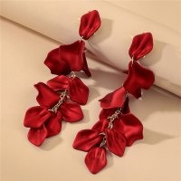 E1640 - Red Rose Petal Long Tassel Earrings