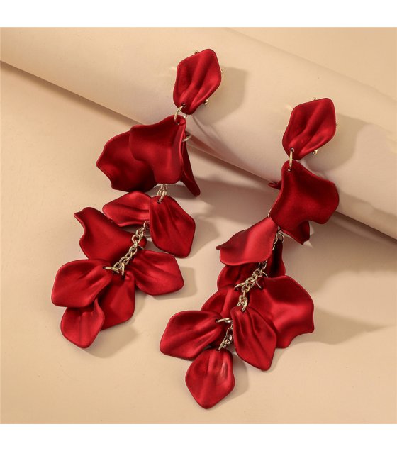 E1640 - Red Rose Petal Long Tassel Earrings