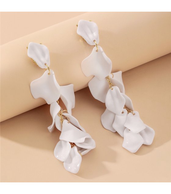 E1641 - White Rose Petal Long Tassel Earrings