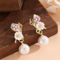 E1739 - Oil-Drip Flower Pearl Pendant Earrings