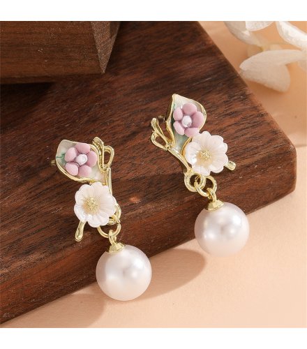 E1739 - Oil-Drip Flower Pearl Pendant Earrings