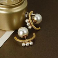 XE317 - Curved silver needle diamond pearl Earrings