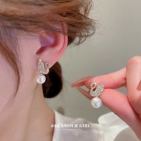 XE344 - Korean Style Diamond Swan Pearl Earrings