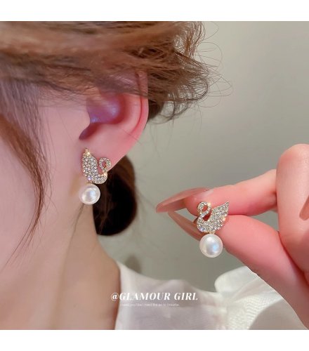 XE344 - Korean Style Diamond Swan Pearl Earrings
