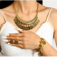 N2715 - American style retro exaggerated moon coin tassel Necklace