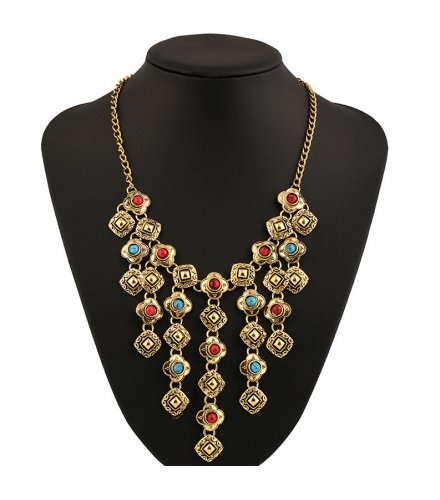 N2721 - Retro Carved Gemstone Tassel Alloy Necklace