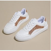 SH375 - Sequin Panel Lace-Up Faux Leather Sneakers
